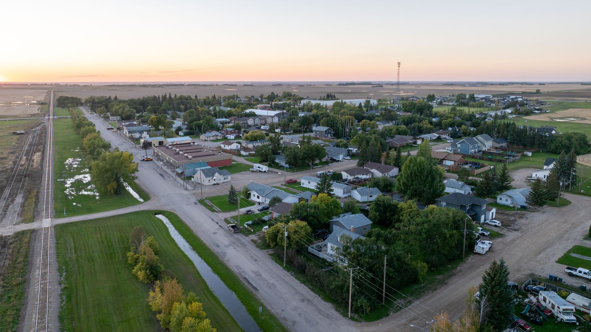 Main Street and the rail line at dusk