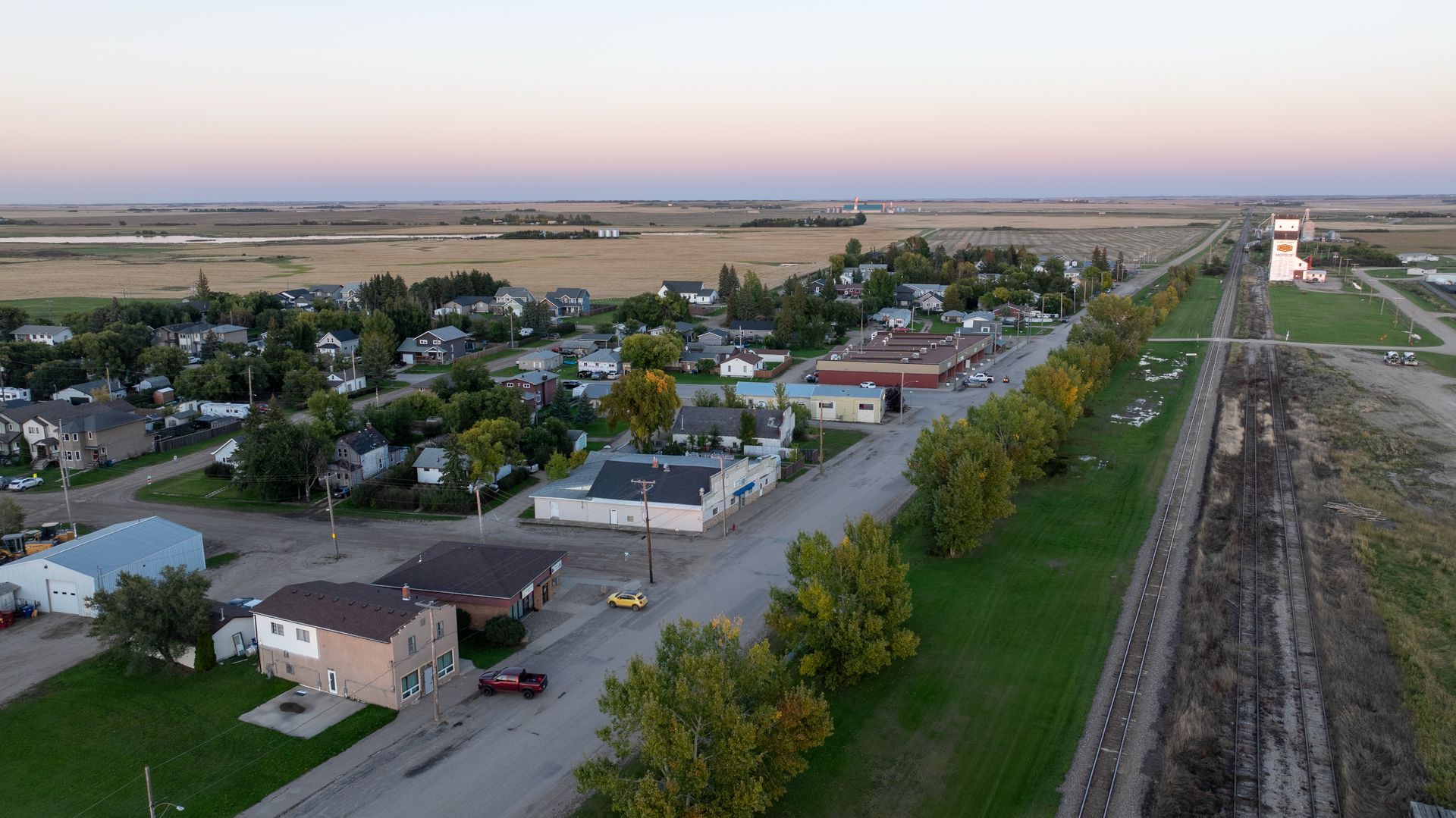 Main Street beside the rail line and grain elevator