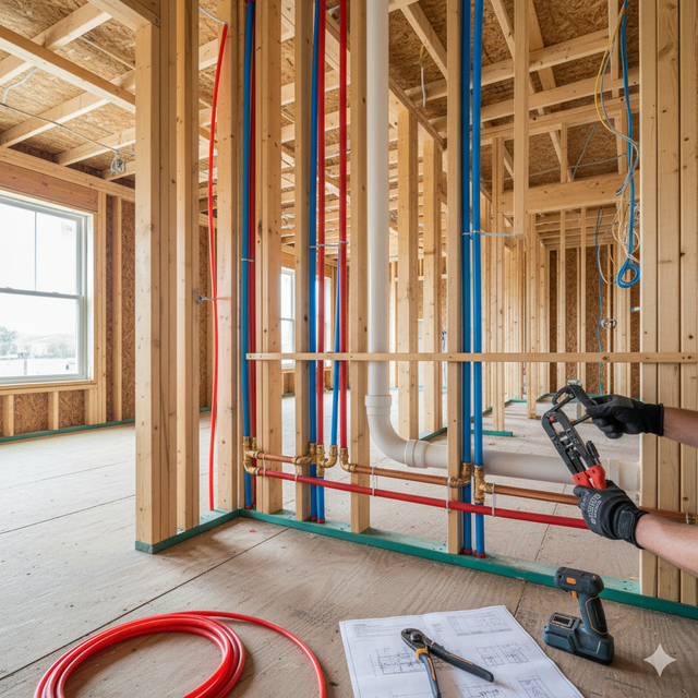 Interior of a house under construction; plumbing work in progress; red, blue, and white pipes.