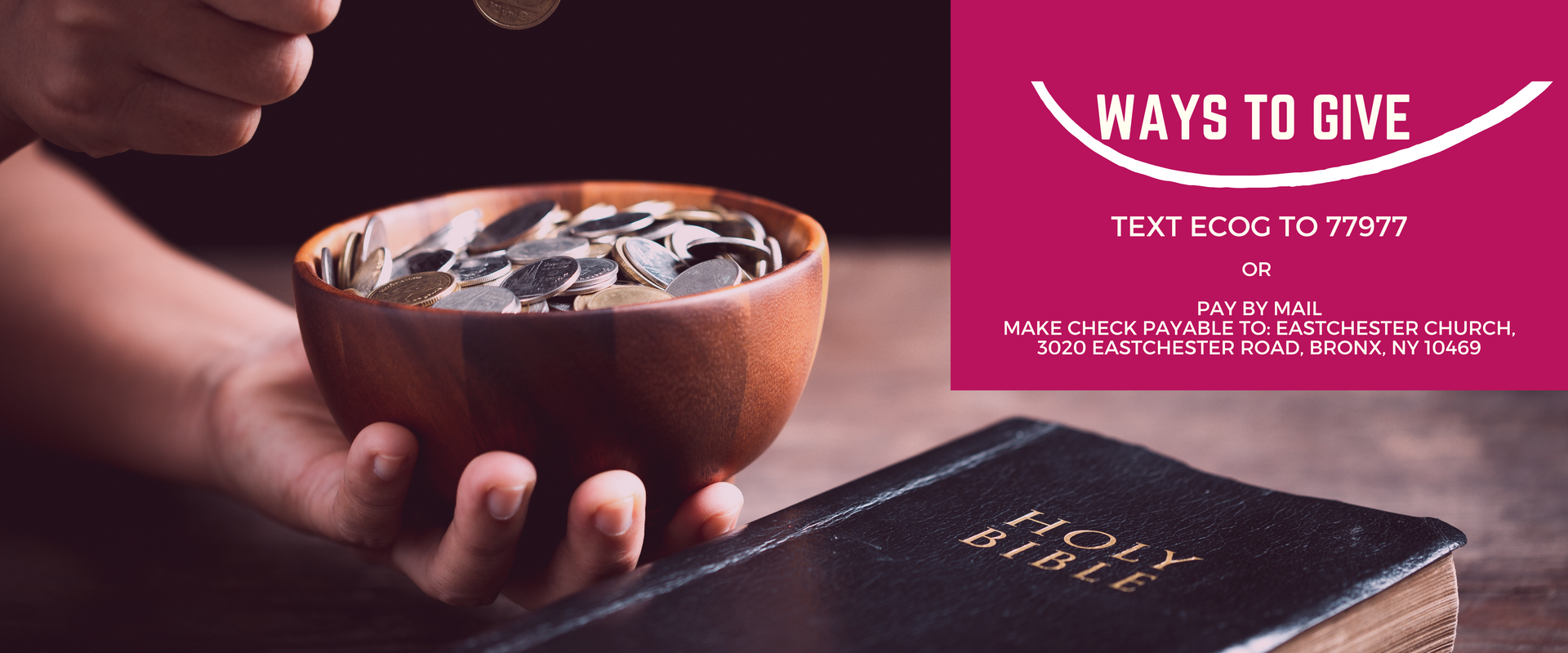 Eastchester Church of God. person is holding a bowl of food next to a bible.