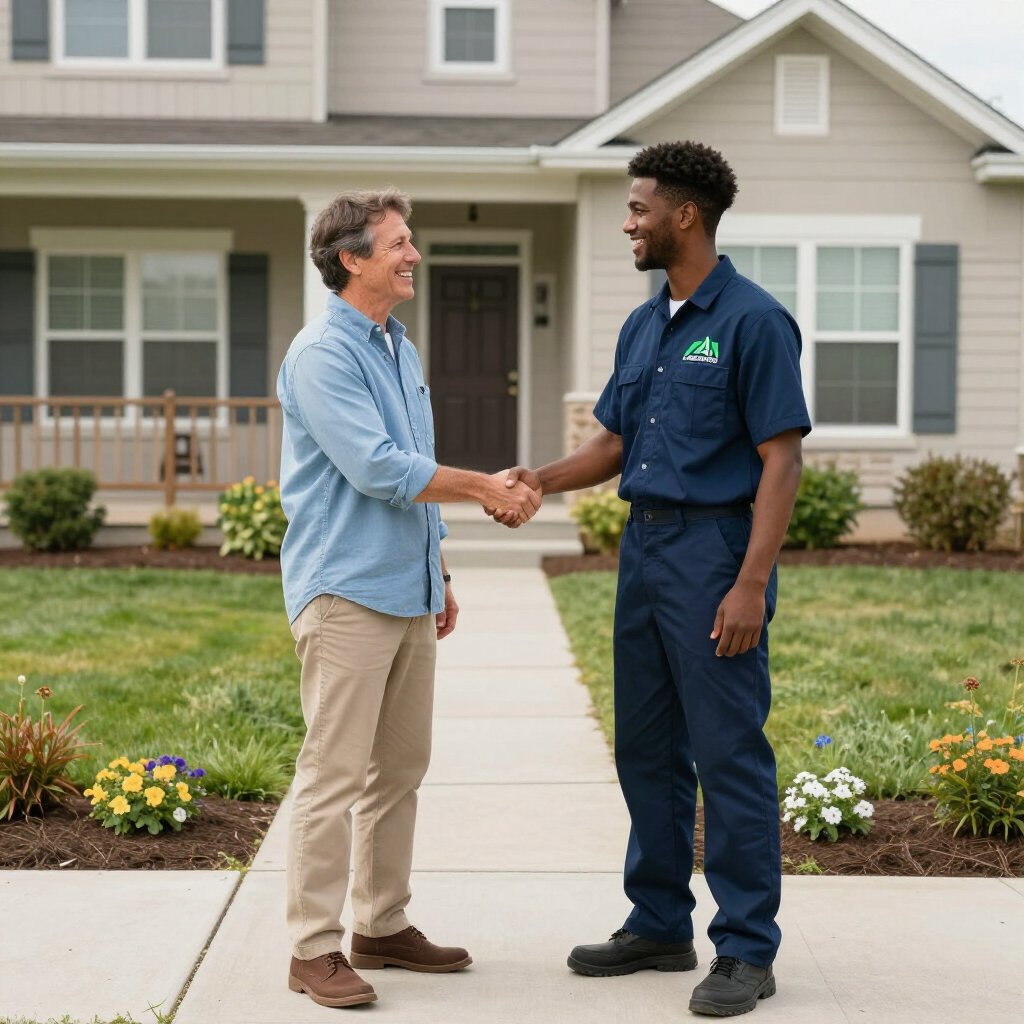 Man shaking hands with a uniformed worker in front of a house.