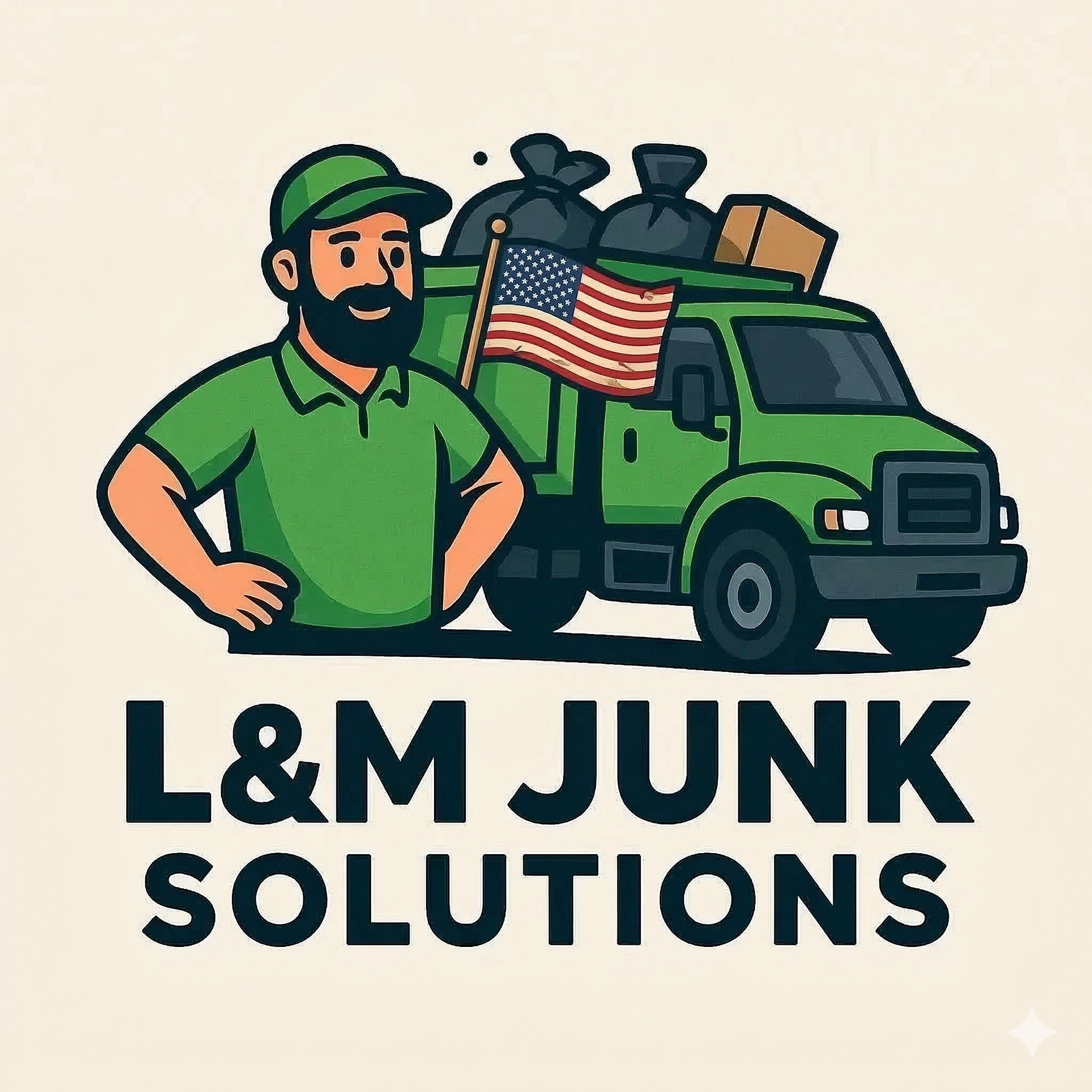 Logo for L&M Junk Solutions. Green truck and worker with bags and box. Text: L&M JUNK SOLUTIONS.