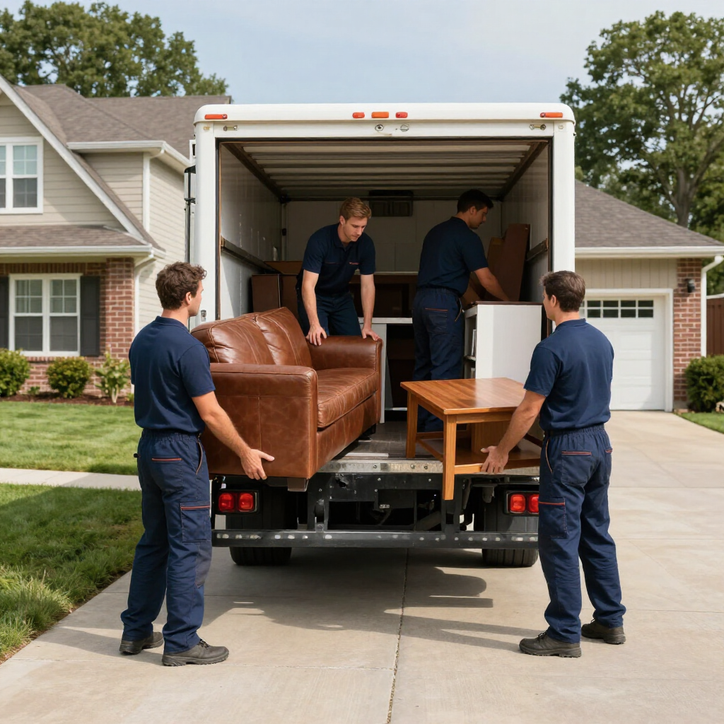 Movers loading furniture into a truck parked in front of a house.