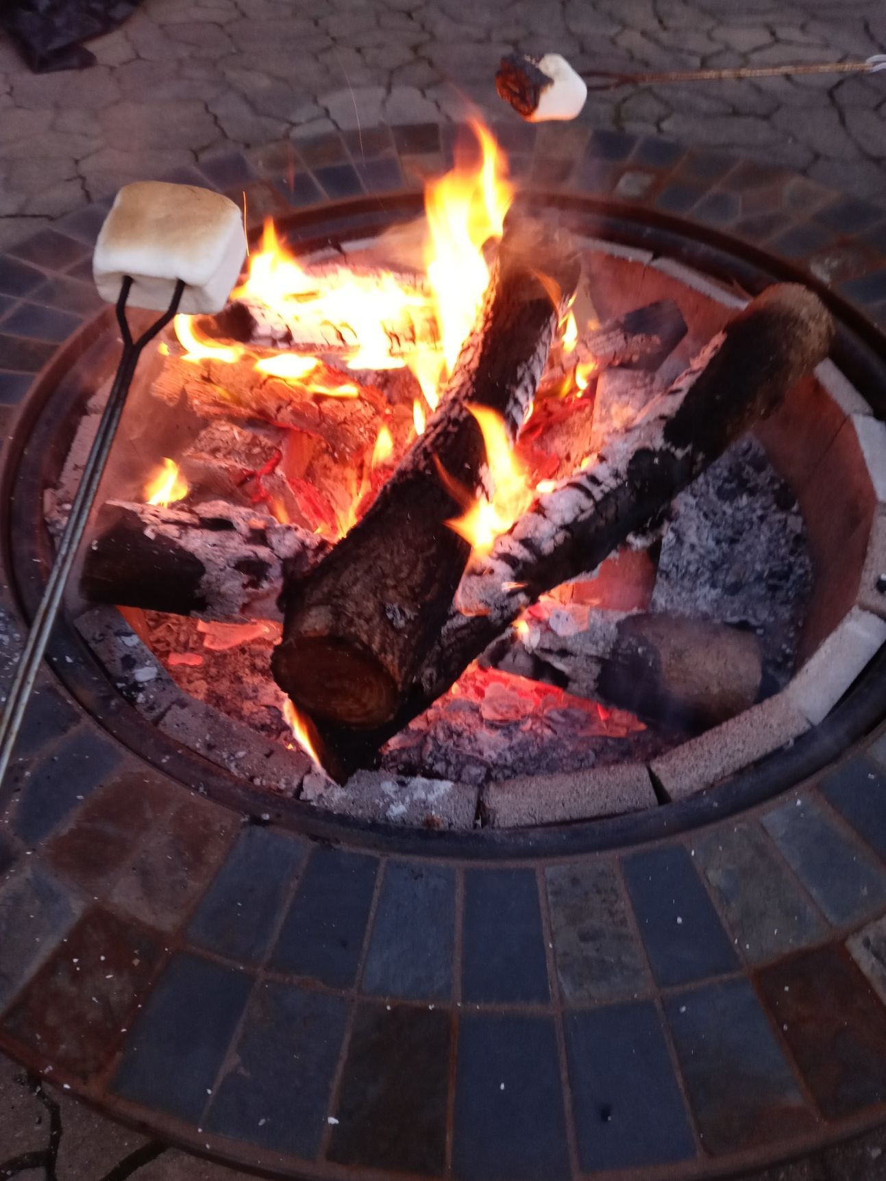 Marshmallows roasting over a fire in a brick-lined fire pit.
