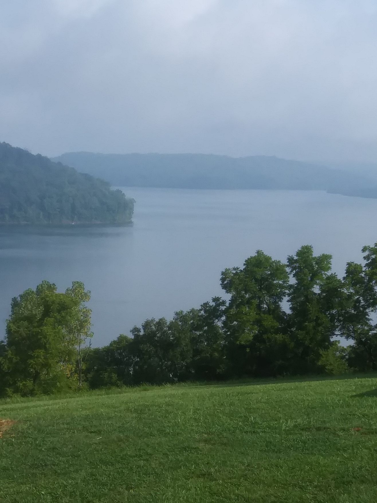 Lakeside landscape with a grassy foreground, trees, and hazy mountains in the distance under a cloudy sky.