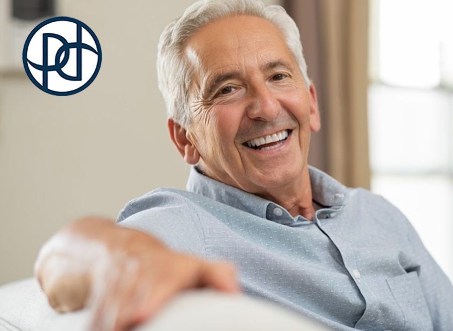 Smiling older person in a light blue shirt sitting indoors near a window.
