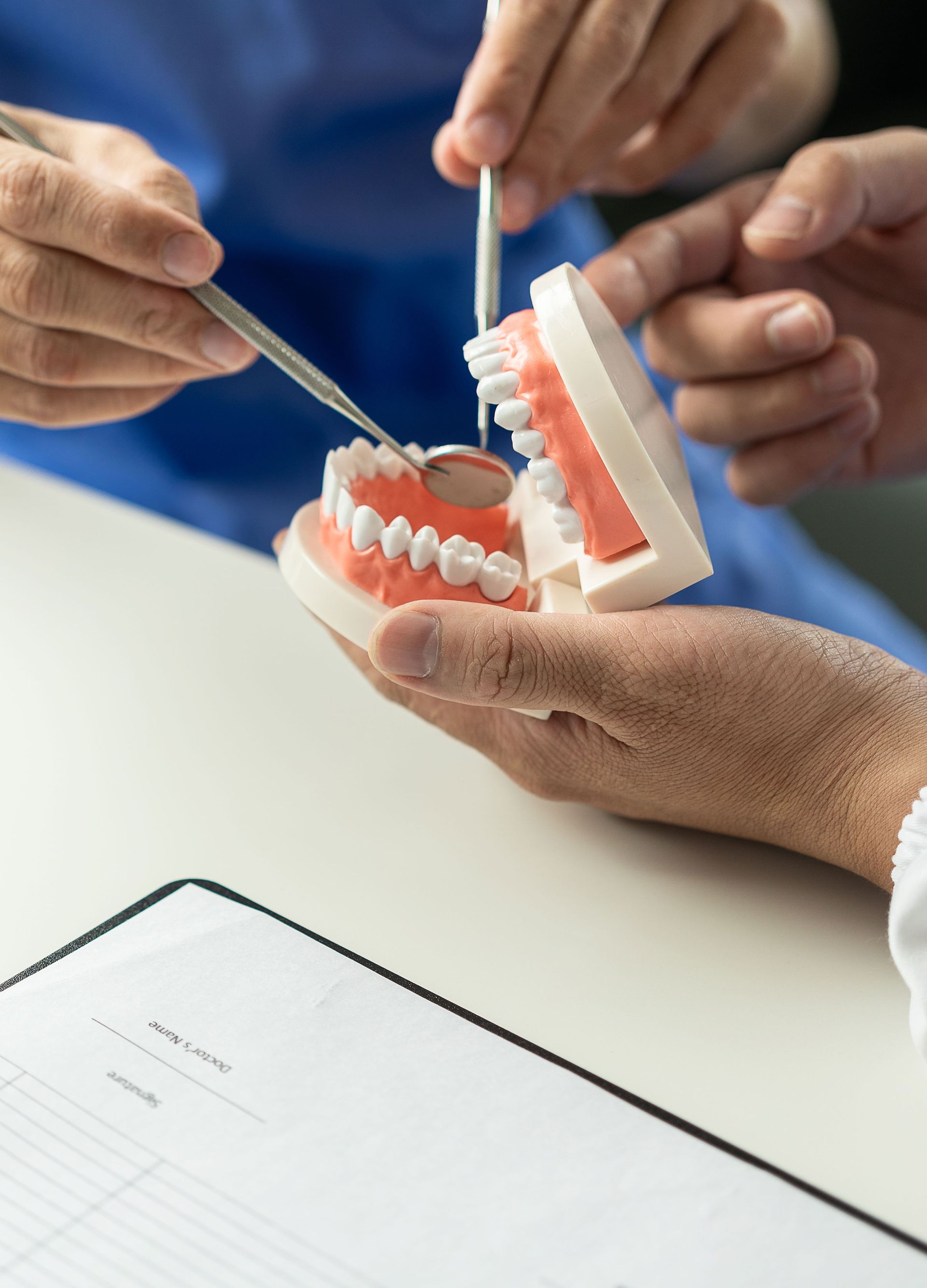 Hands examining a dental model with tools; a medical professional's office, clipboard on table.