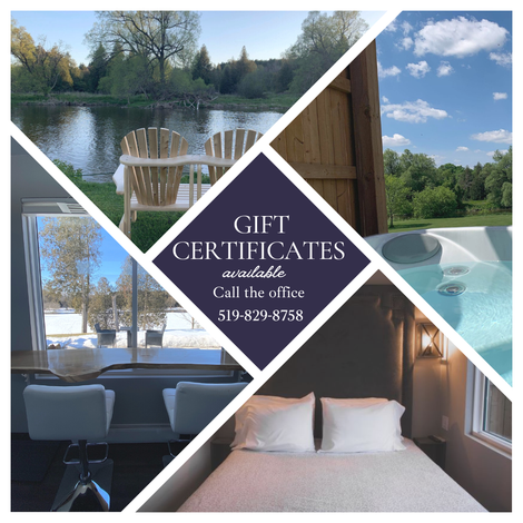 Gift certificate ad: Lakeside chairs, hot tub, bedroom, phone number.