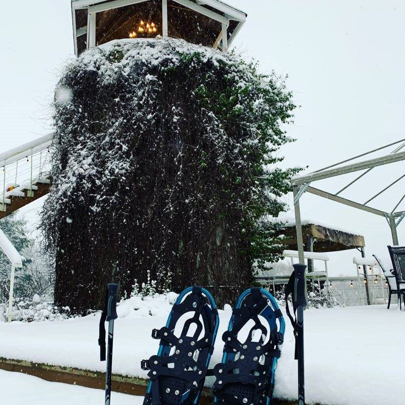 Snowshoes in snow, next to a snow-covered structure with stairs and gazebo in background.