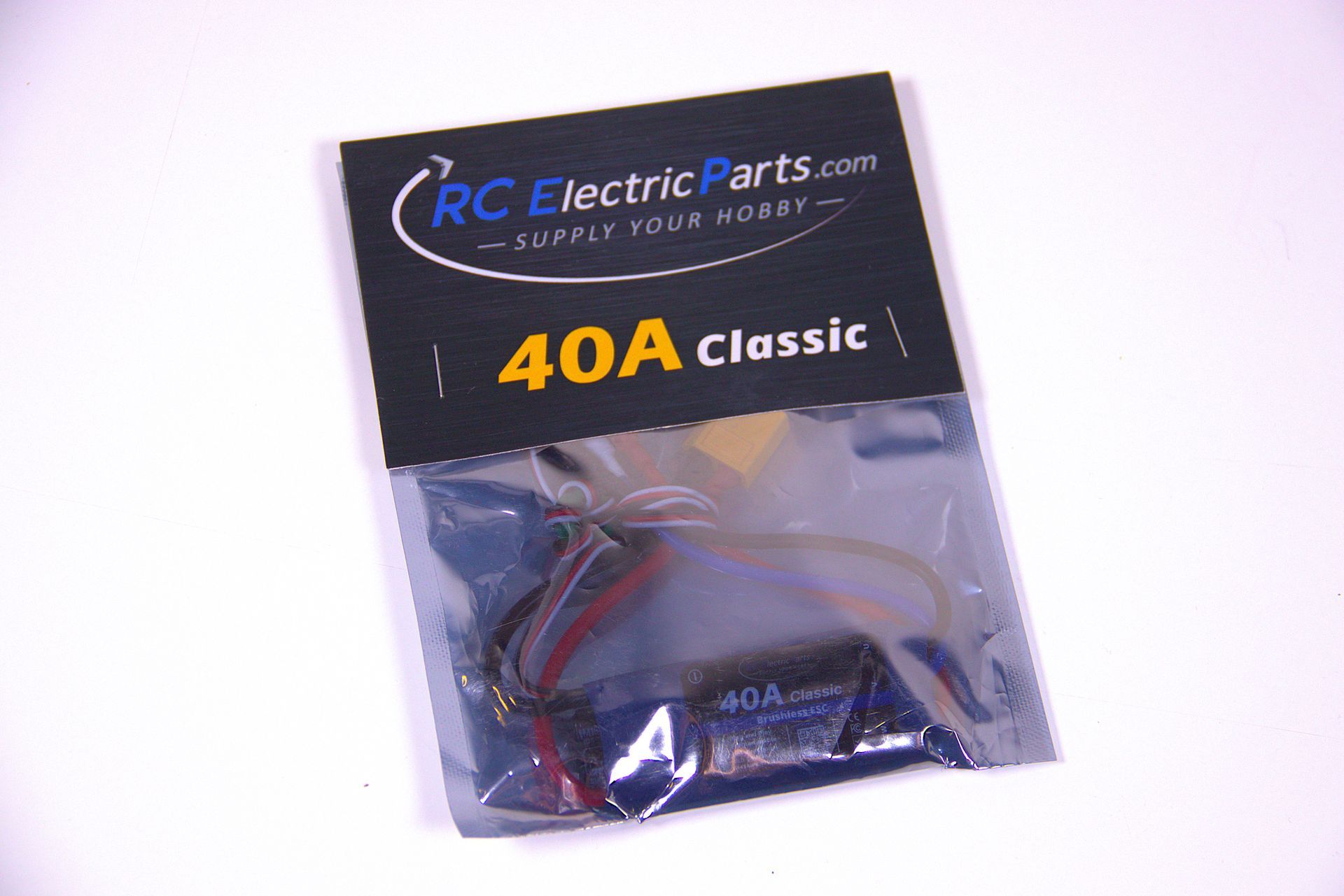RC Electric Parts 40A classic ESC in black retail packaging with wires visible