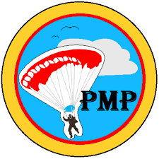 Round PMP logo with skydiver under red-and-white parachute on blue background