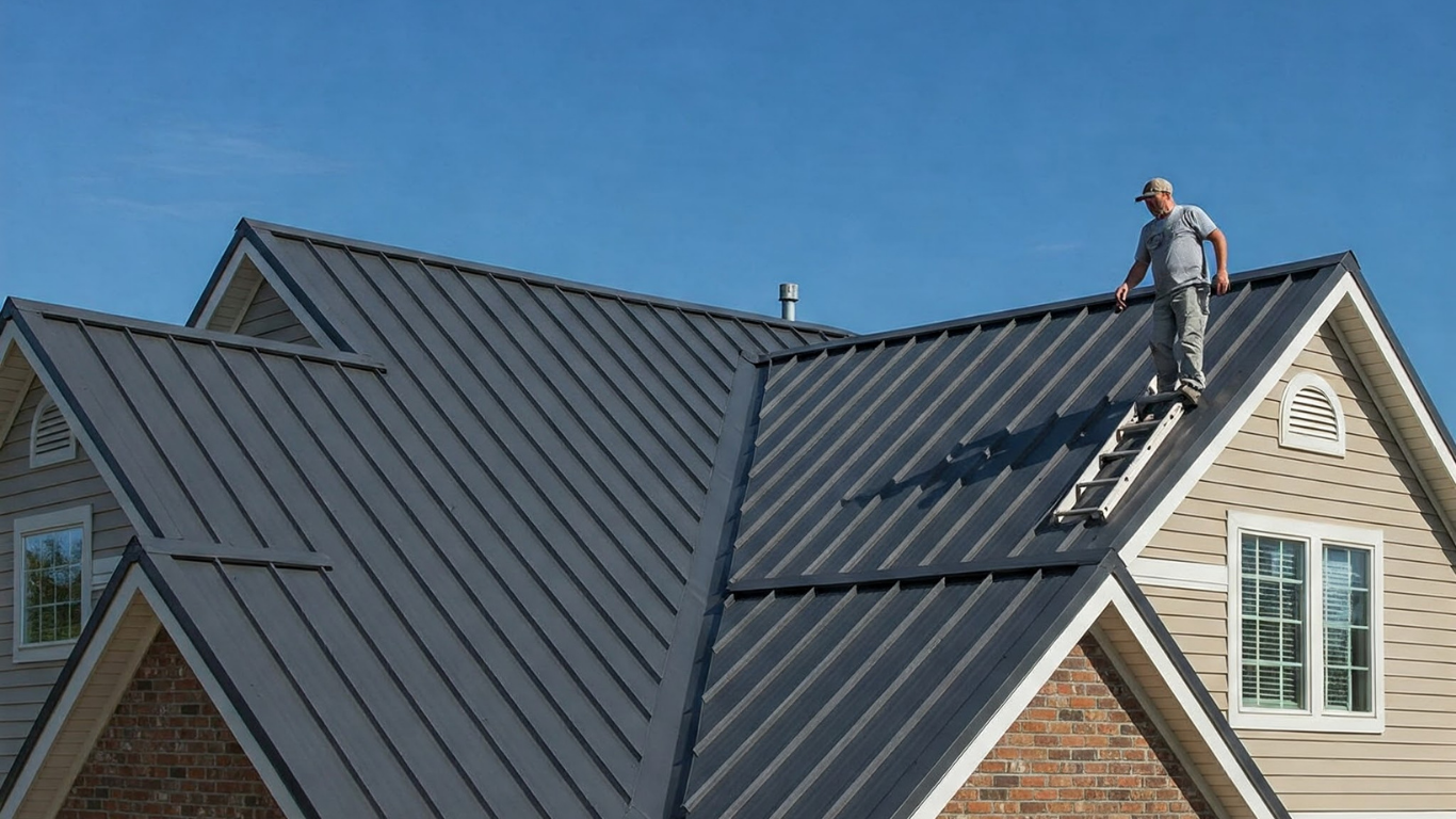 Man on metal roof of house, painting. Blue sky.