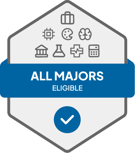 Badge with blue banner: 