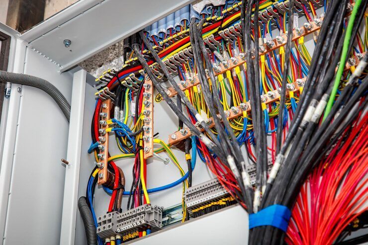 Open electrical panel with dense multicolored wiring and cables in a utility cabinet