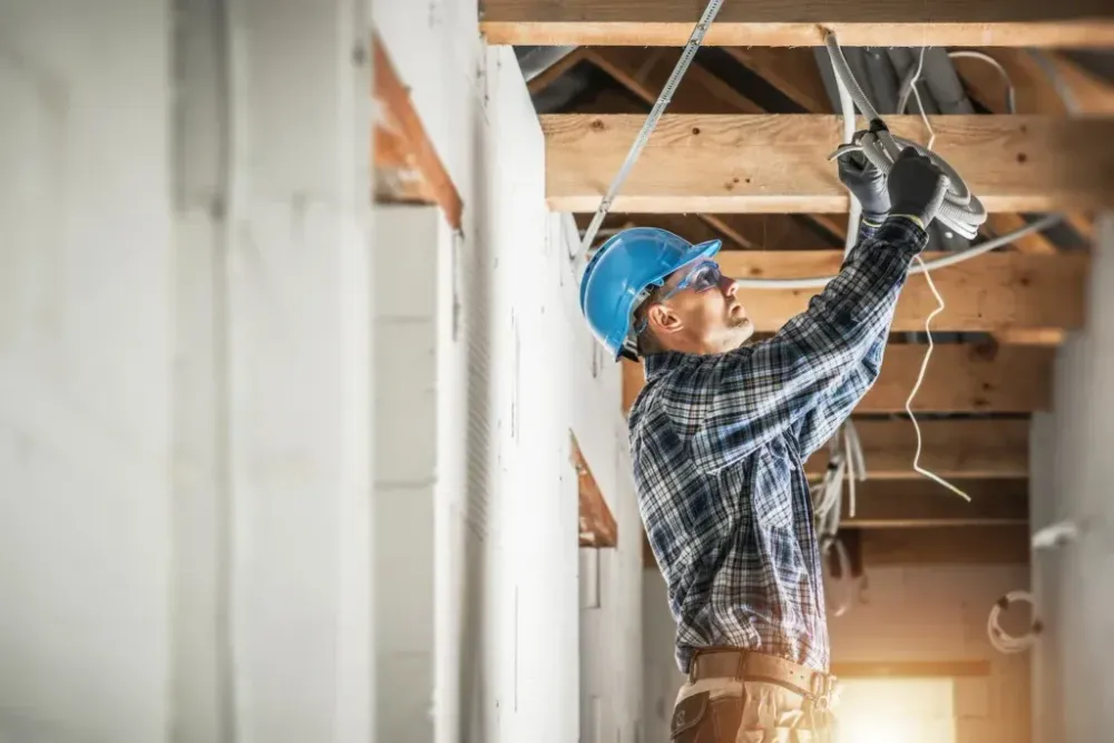 Worker in blue hard hat installing ceiling wiring in a renovation site