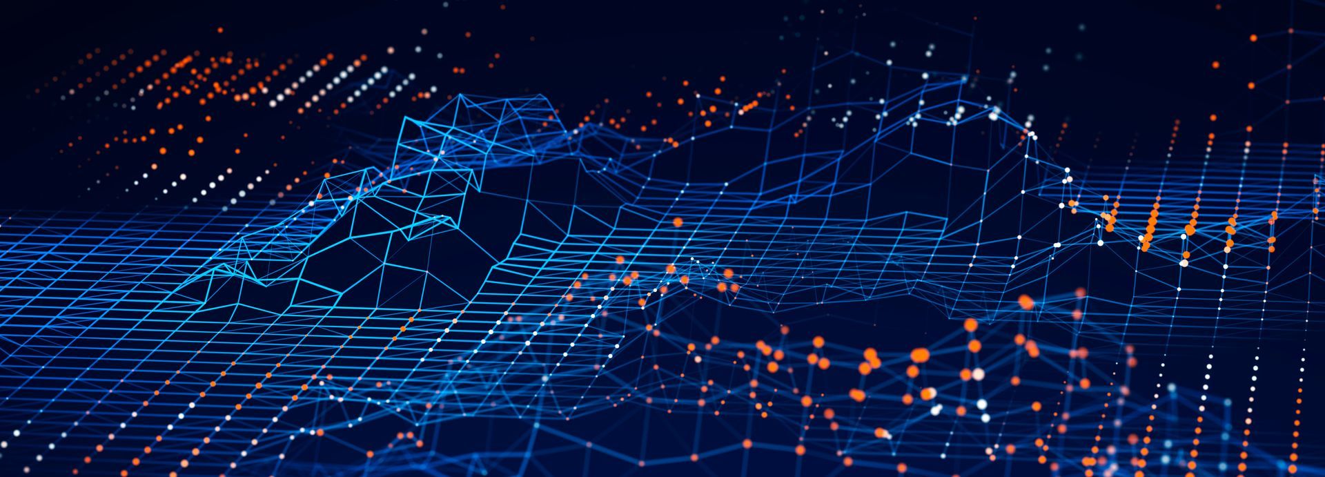 Abstract digital network with blue and orange connections against a dark background.