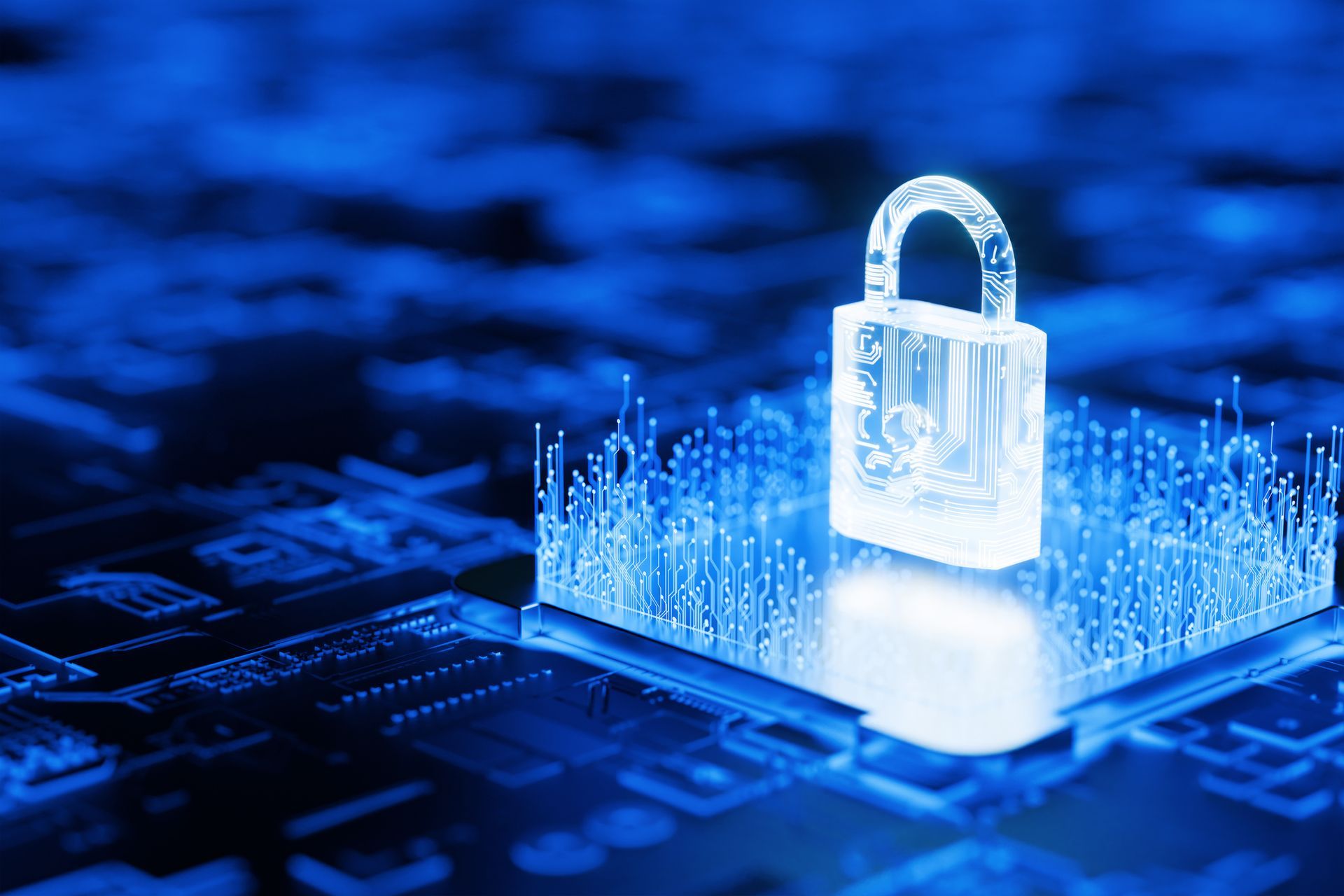 Cybersecurity solutions concept with padlock on circuit board symbolizing data protection.