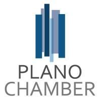 Logo of the Plano Chamber of Commerce. Blue and gray skyscraper graphic above text.