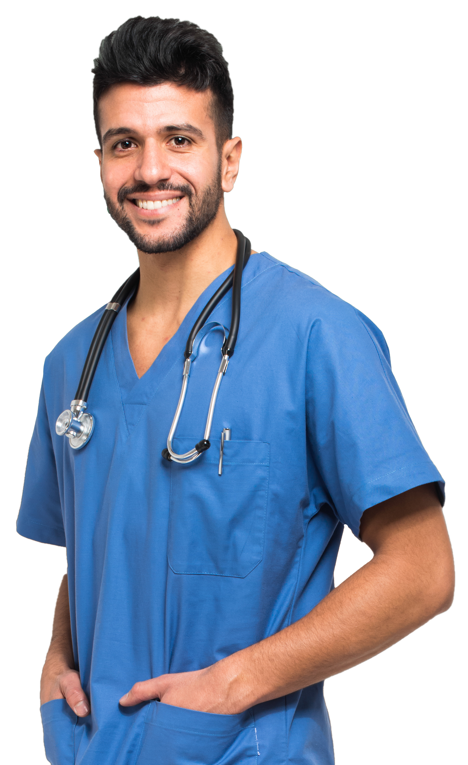 A person wearing blue medical scrubs and a stethoscope smiles A person wearing blue medical scrubs and a stethoscope smiles