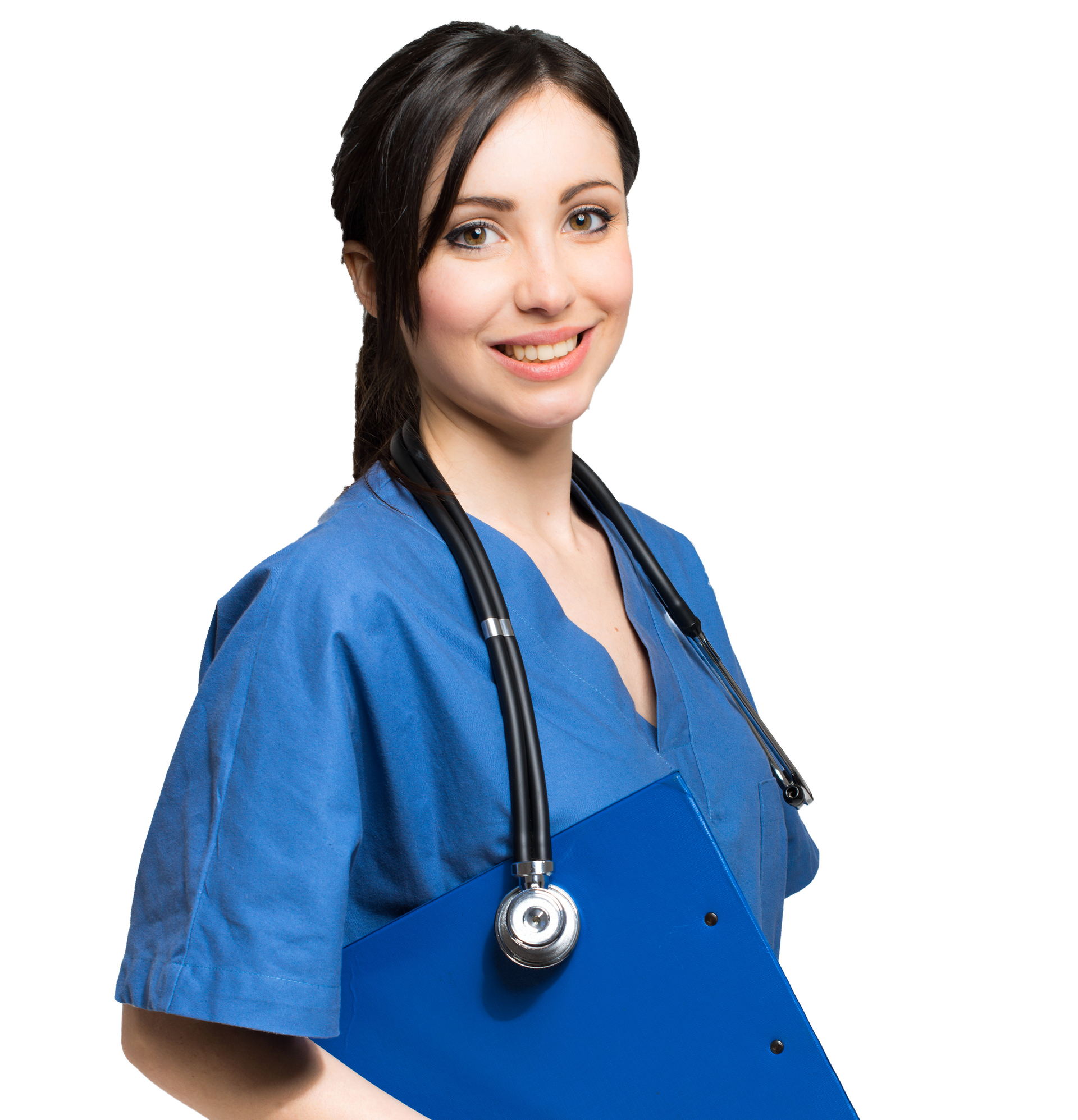 Woman in blue scrubs, smiling, with stethoscope and clipboard