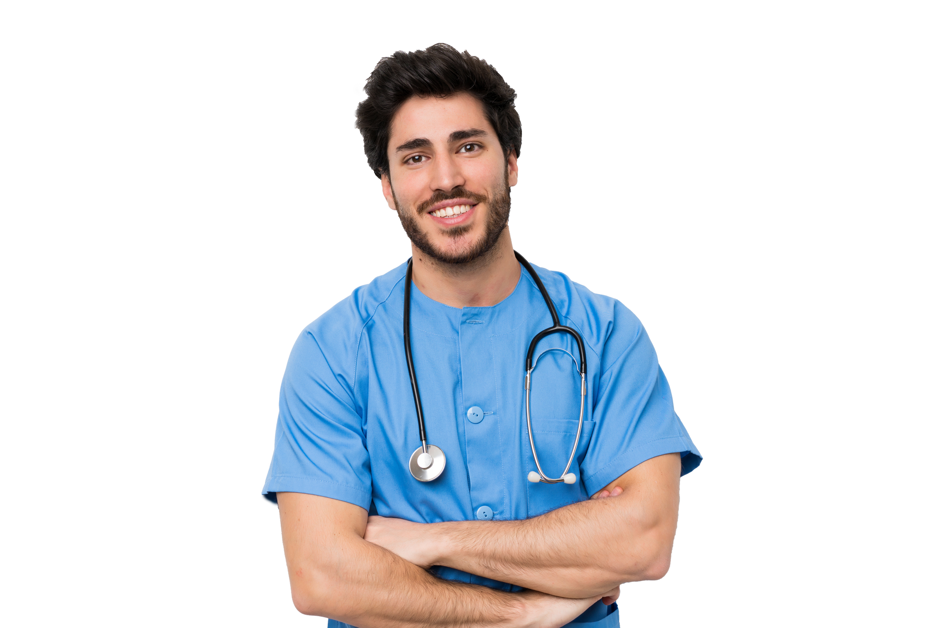 Smiling healthcare worker in blue scrubs with stethoscope, arms crossed Smiling healthcare worker in blue scrubs with stethoscope, arms crossed