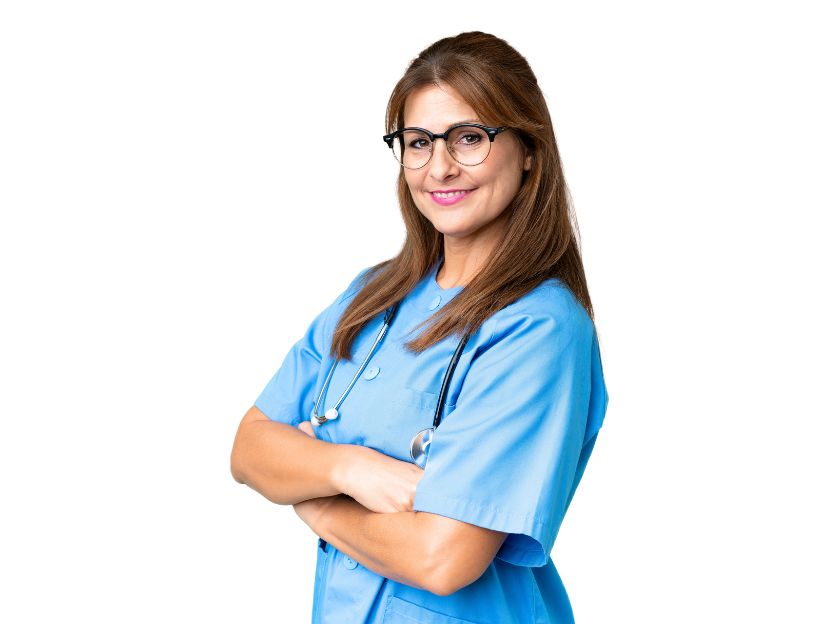 Woman in blue scrubs, glasses, and stethoscope smiles with arms crossed Woman in blue scrubs, glasses, and stethoscope smiles with arms crossed