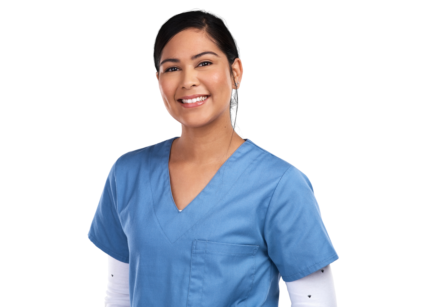 Woman in blue scrubs smiles at the camera, arms at her sides, white background Woman in blue scrubs smiles at the camera, arms at her sides, white background