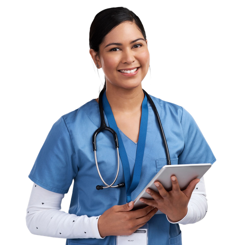 Woman in blue scrubs with stethoscope, smiling, arms crossed