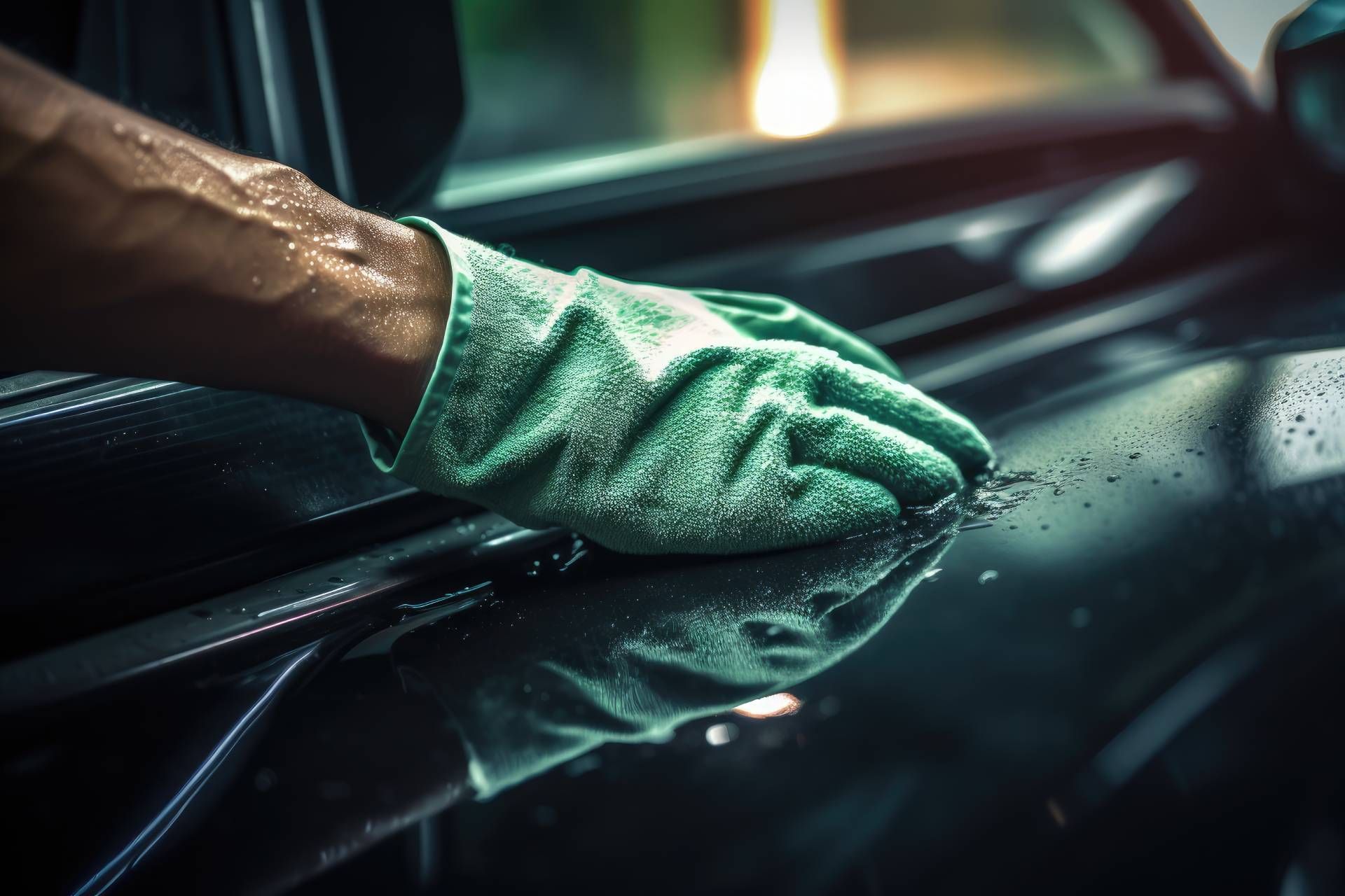 Mano con guanto verde che pulisce la superficie nera e bagnata di un'auto.