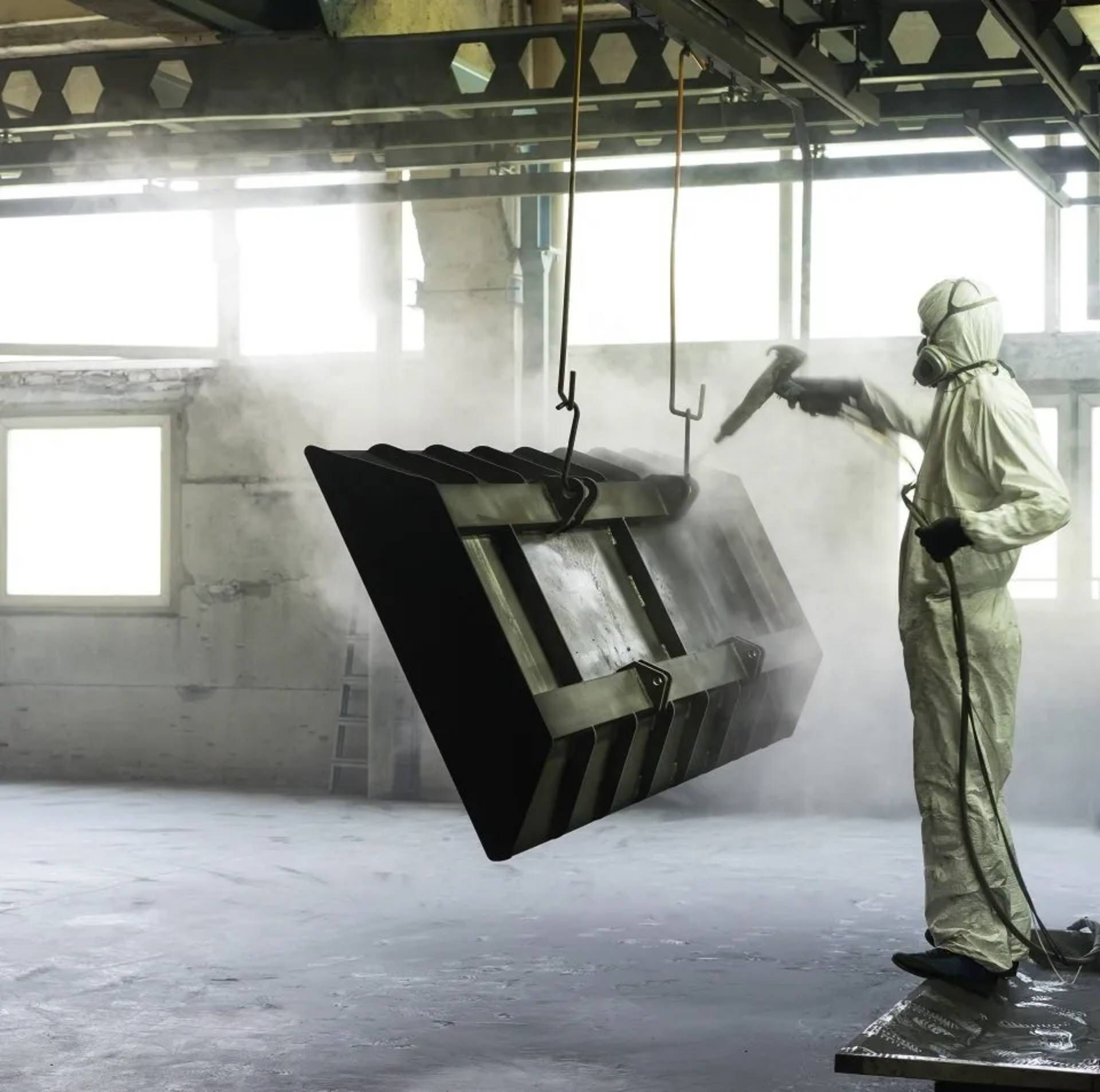 Persona con tuta protettiva che spruzza un grande oggetto metallico in una fabbrica, creando una nuvola di nebbia.