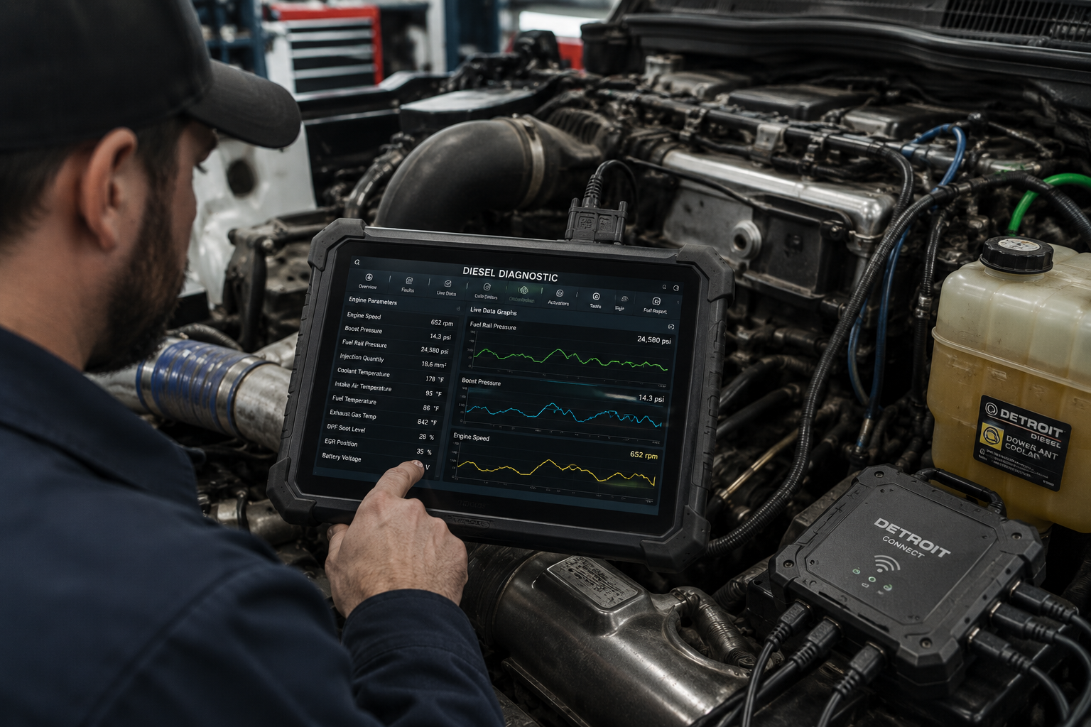 Technician using a tablet to diagnose a car engine in a workshop
