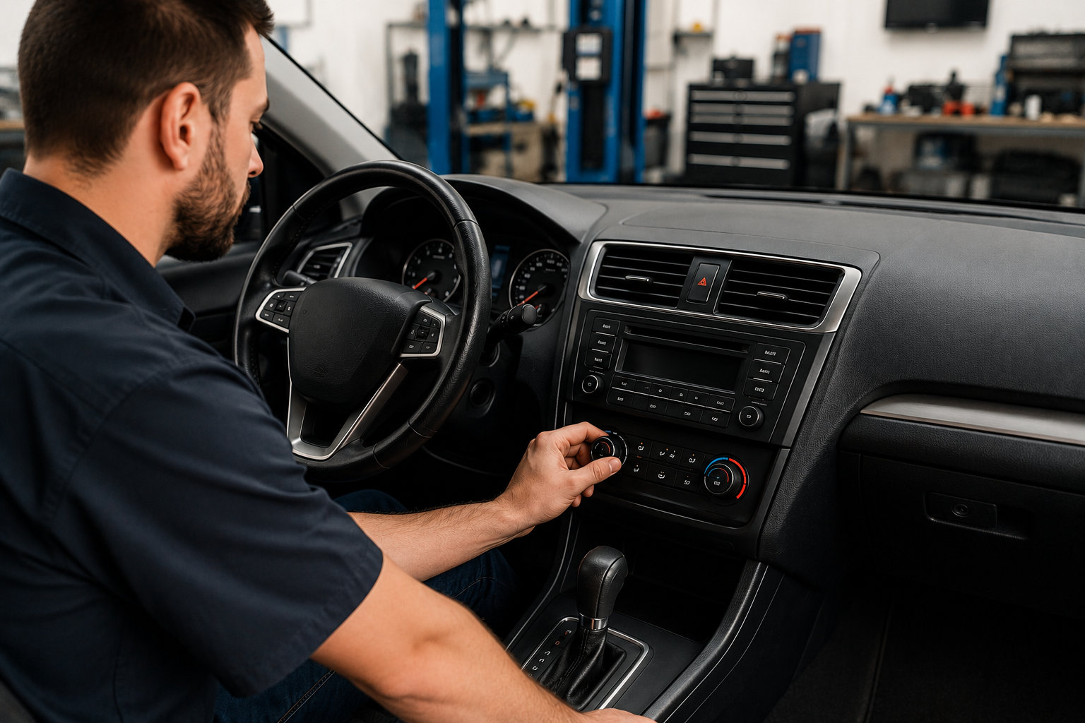 Mechanic inspecting a car dashboard and center console inside an auto repair shop