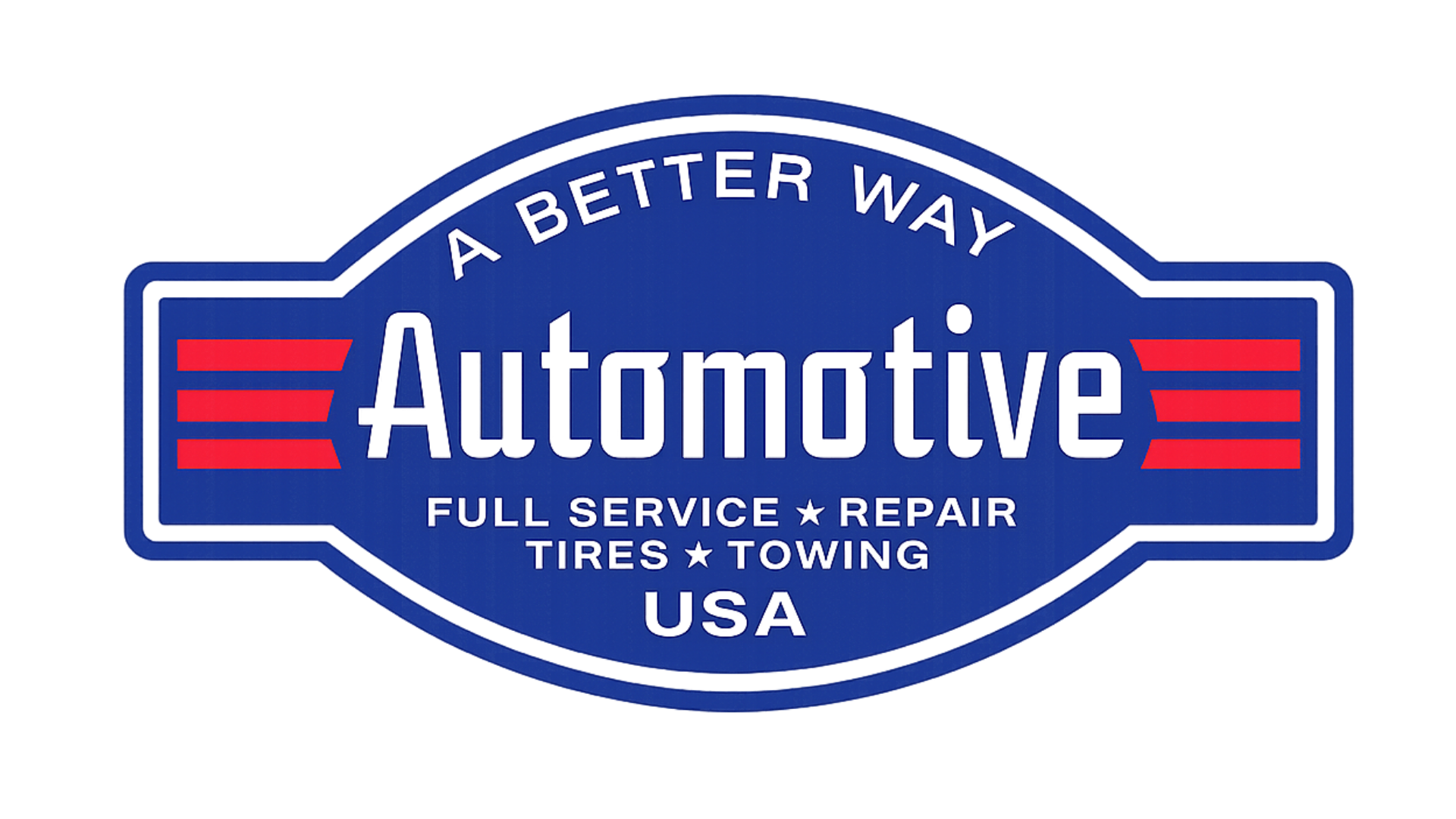 Blue-and-red Automotive logo with “A Better Way,” full-service repair, tires, towing, and USA text
