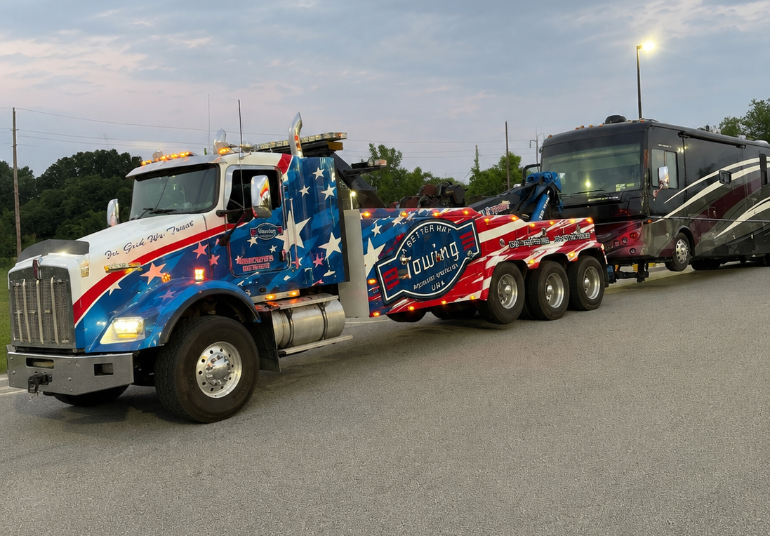 Decorated blue-red semi truck towing a black RV in a parking lot at dusk