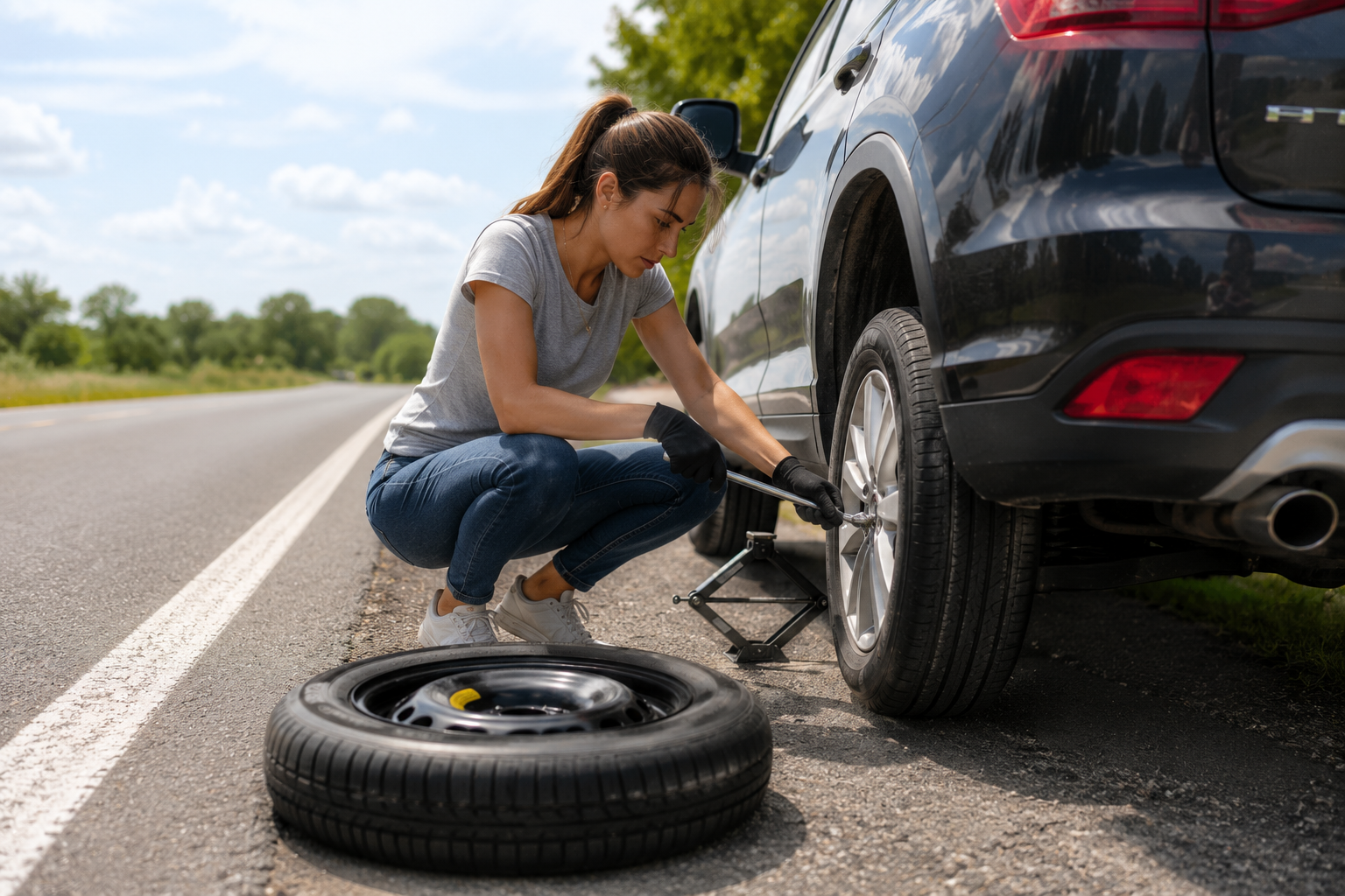 Woman changing a flat tire on a black SUV beside a rural road