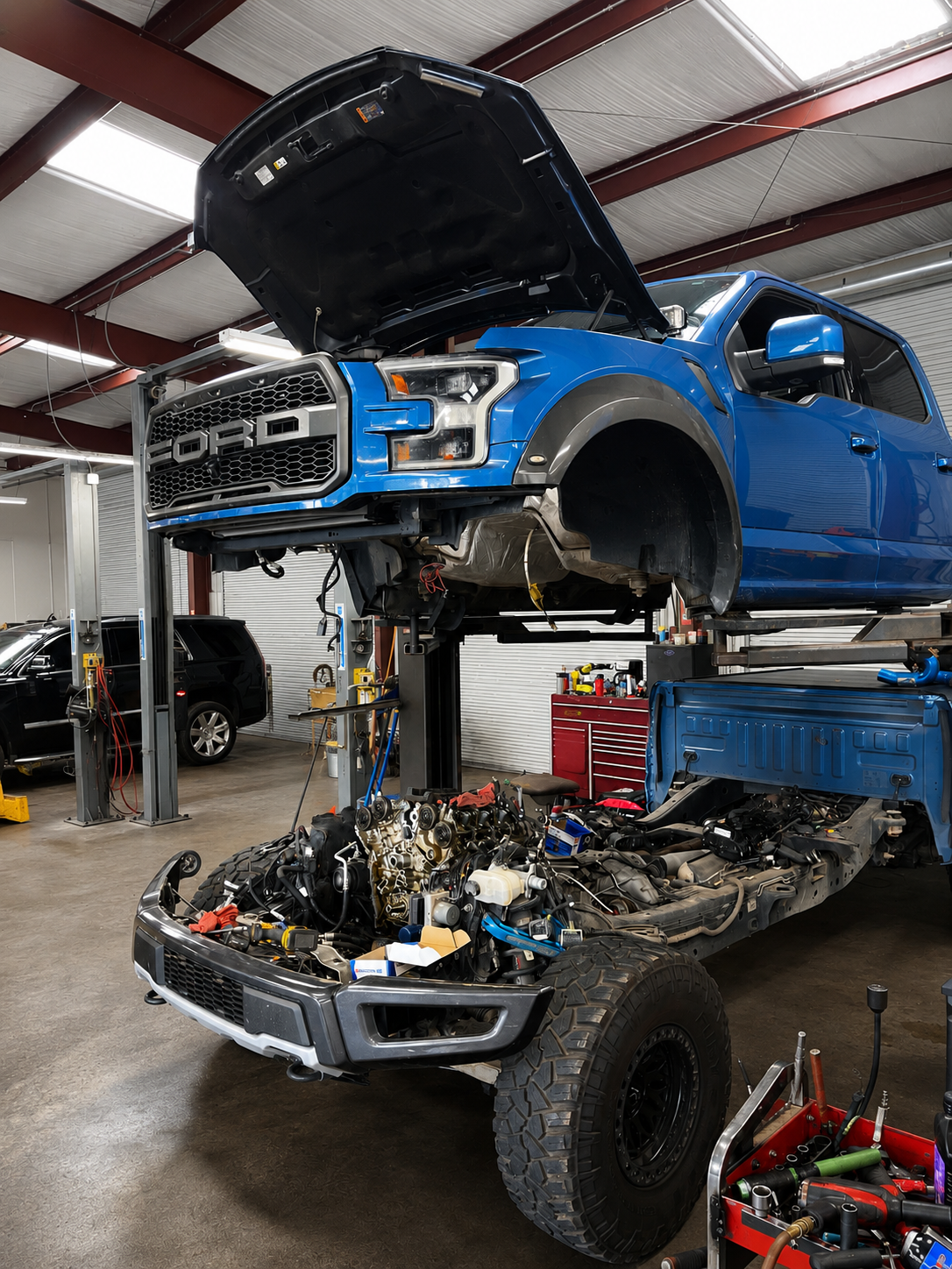 Blue Ford truck lifted in a repair shop, cab raised with engine exposed and chassis on the floor.