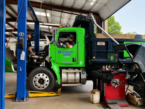 Green semi-truck in a garage, raised on a lift with a mechanic working inside the cab in LaGrange Ga