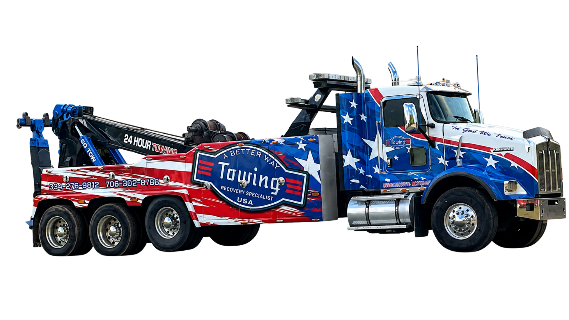 Red, white, and blue tow truck with stars and stripes graphics on a white background