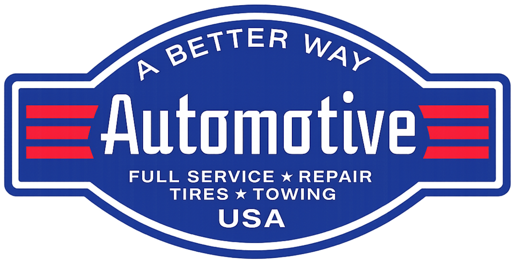 Blue-and-red Automotive logo with “Full Service + Repair” and “Tires + Towing USA” text