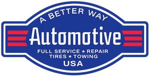Blue-and-red Automotive logo with “Full Service + Repair” and “Tires + Towing USA” text