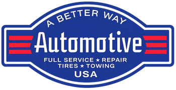 Blue Automotive logo with red stripes and text: “Full Service • Repair • Tires • Towing • USA”