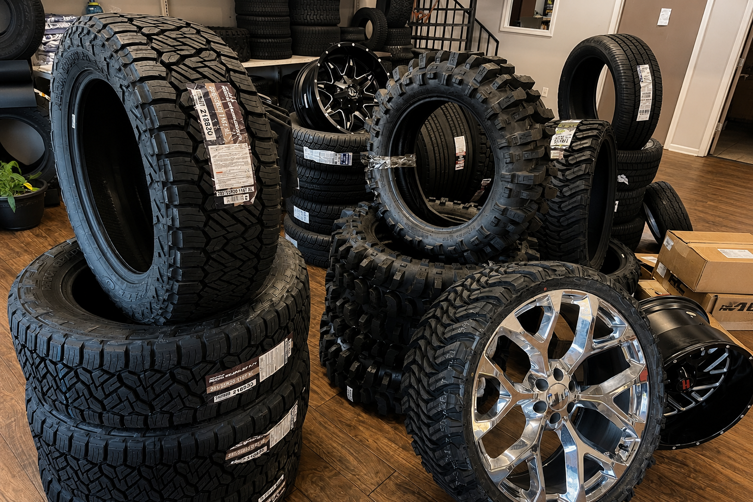 Stacked off-road tires and shiny rims displayed in a showroom or garage.