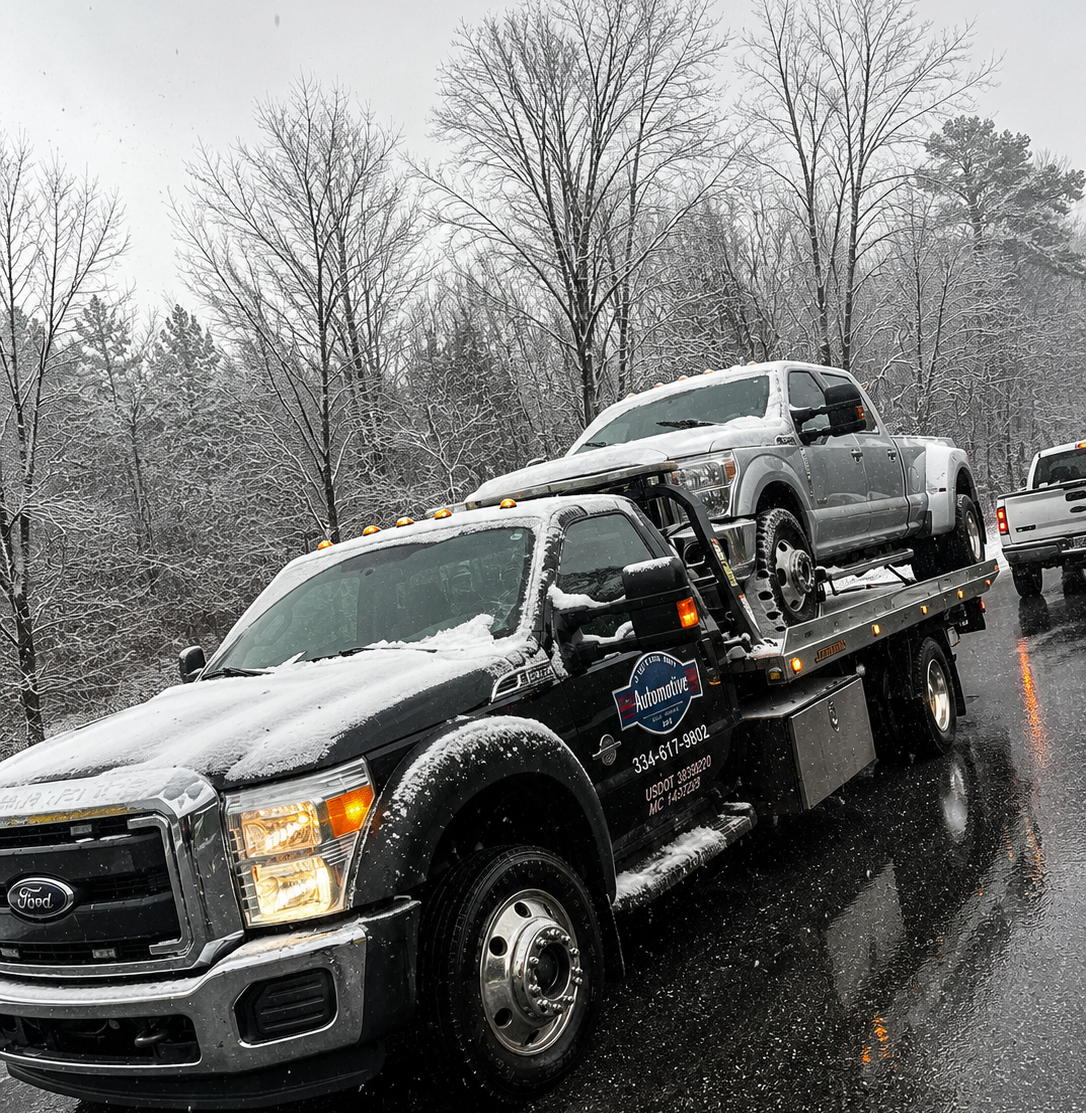 Tow truck hauling a black pickup truck on a snowy road with trees in the background