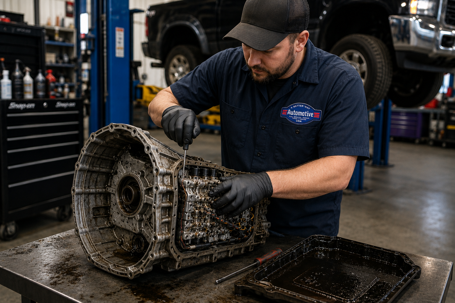 Mechanic inspecting a greasy transmission on a workbench in an auto repair shop