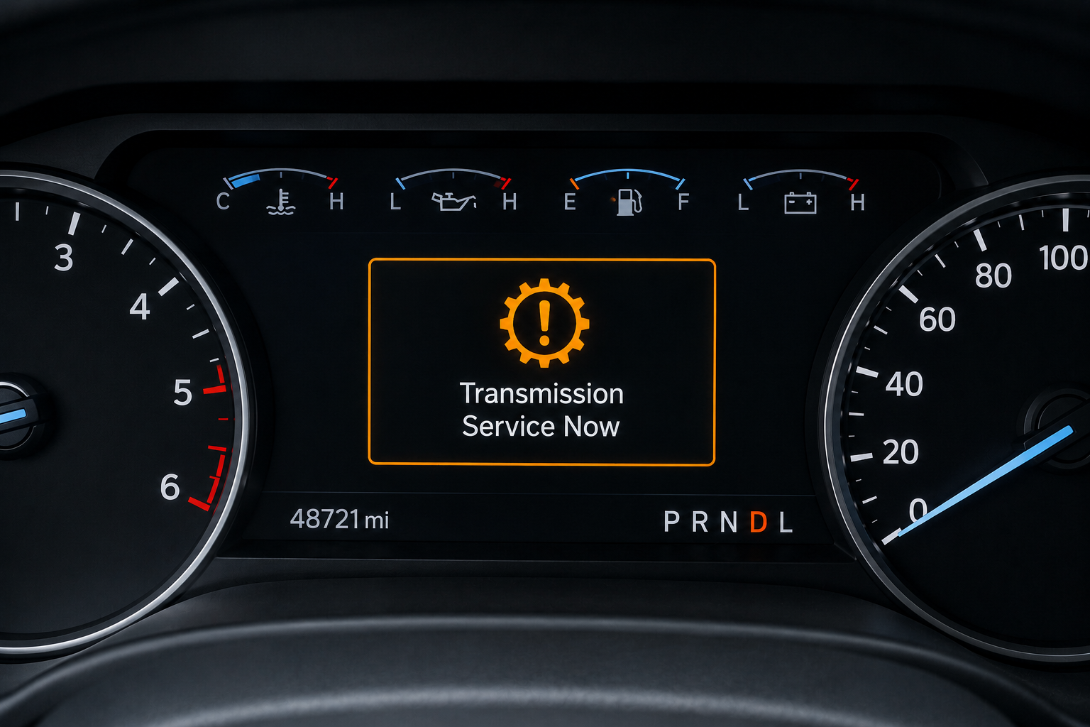 Car dashboard displaying a “Transmission Service Now” warning message on the instrument cluster