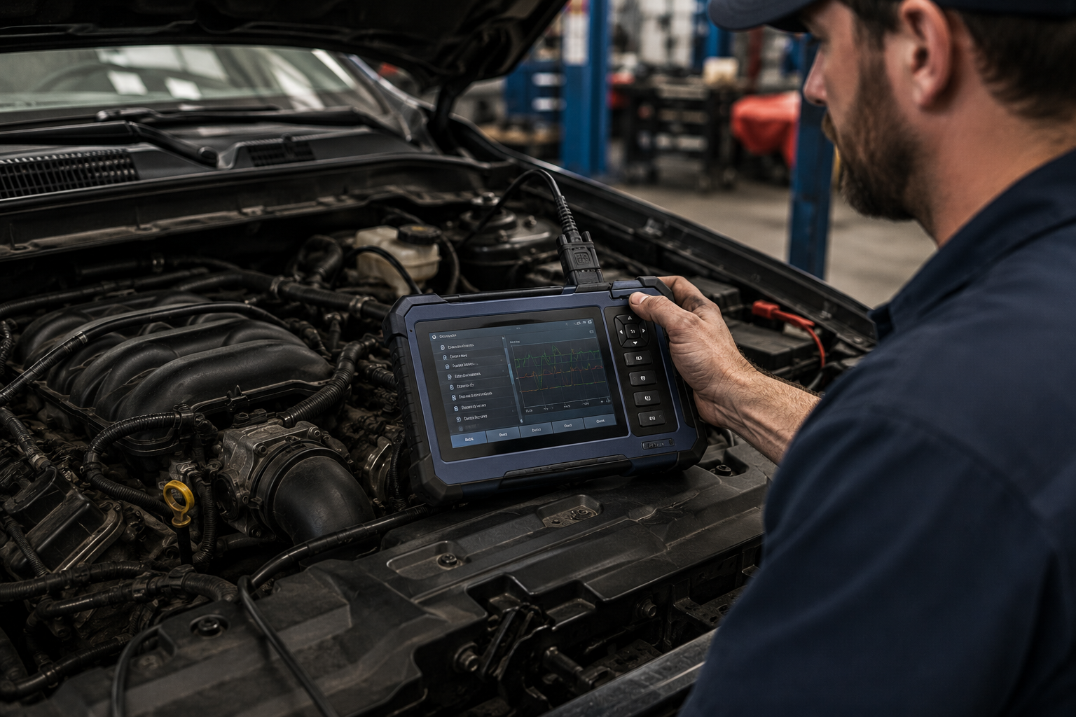 Mechanic using a diagnostic tablet under a car’s hood in an auto shop