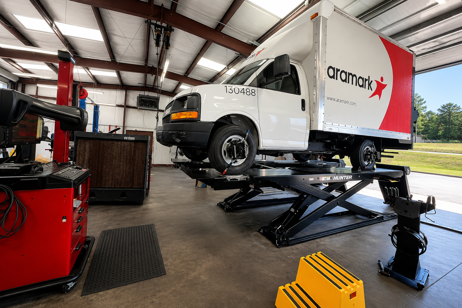 White box truck raised on a scissor lift inside an auto repair shop with tools and equipment nearby