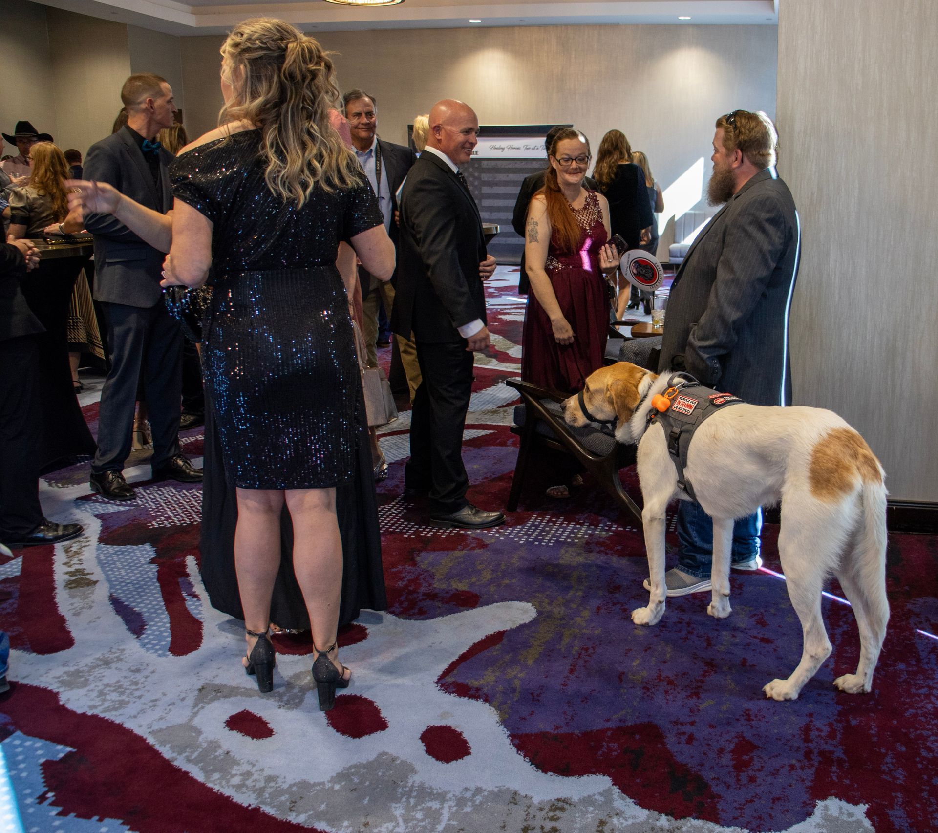 Guests mingle in a carpeted event space, including a person in a dark suit standing near a service dog wearing a harness.