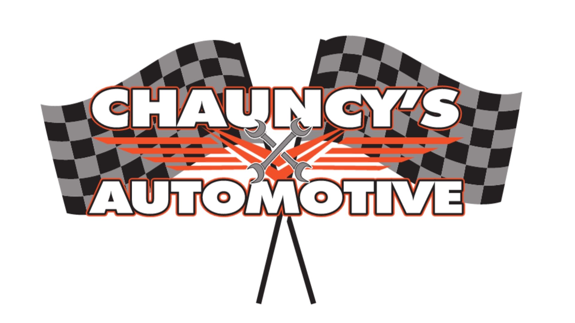 Logo for Chauncy's Automotive featuring a text-based design with two crossed wrenches and checkered racing flags.