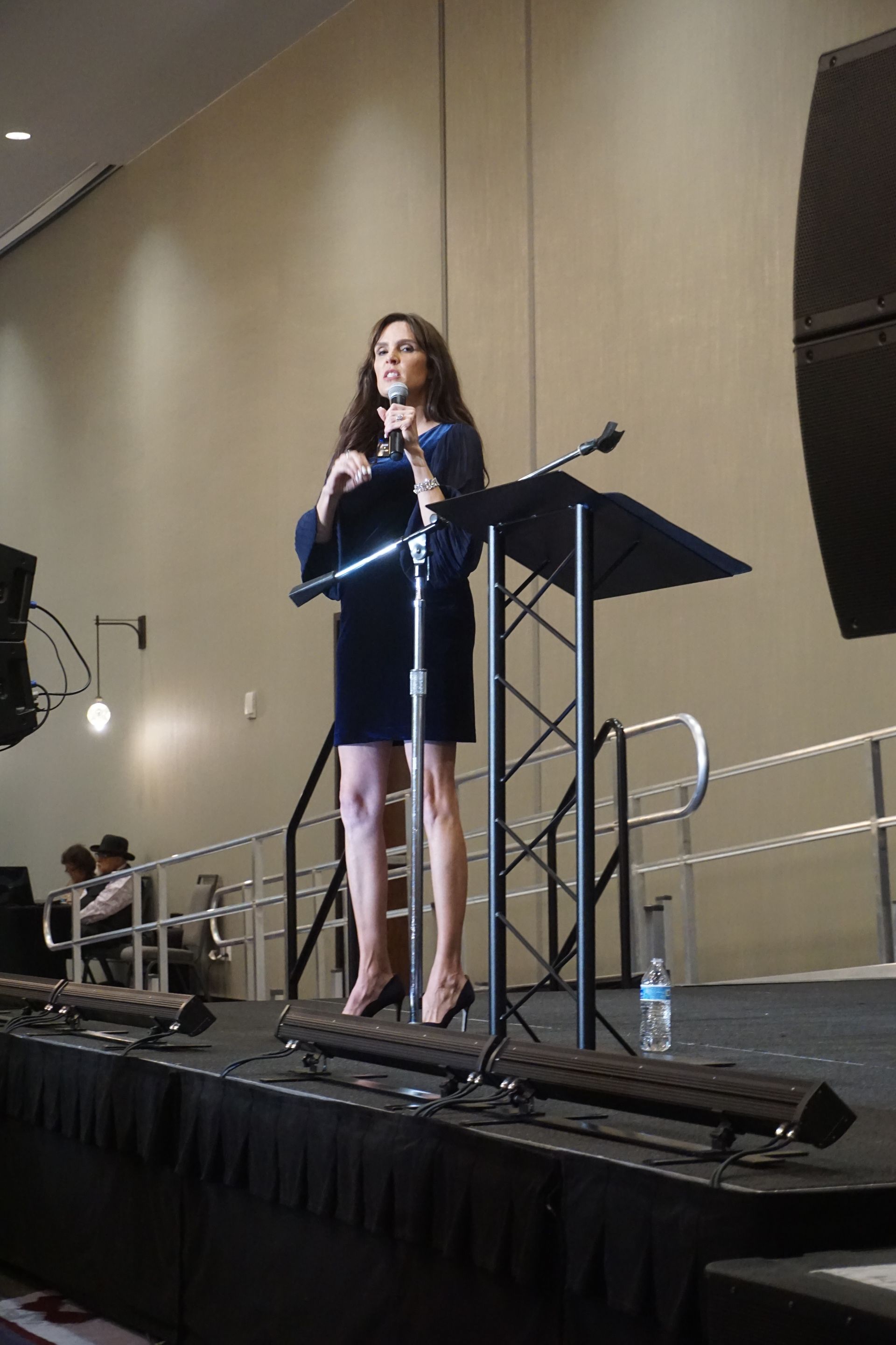 A speaker stands at a podium on a stage in a large room, gesturing while addressing an audience.